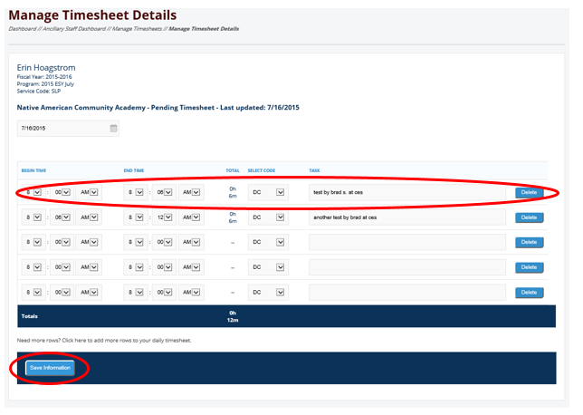 Ancillary Manage Timesheet Details