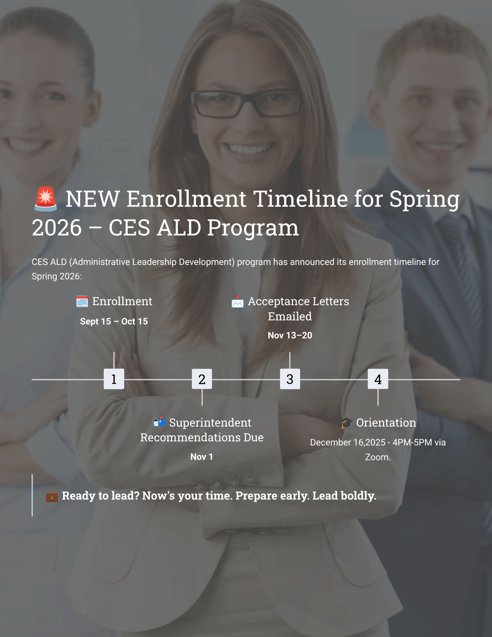 New Enrollment Timeline for Spring 2026- CES ALD Program Informational Flyer