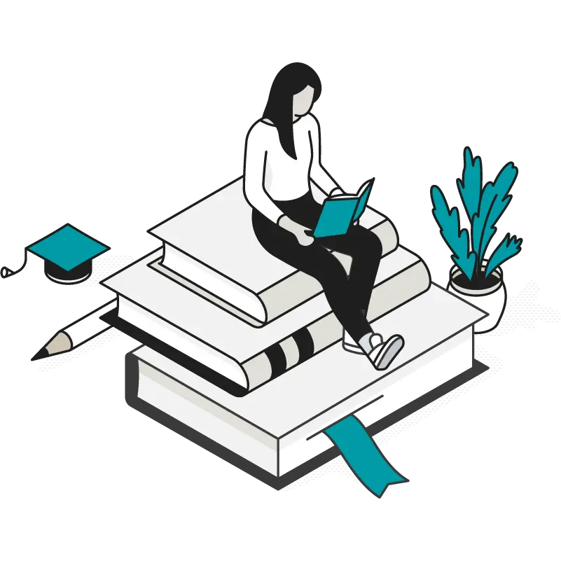 Illustration of a student reading while sitting on a couple of large books.